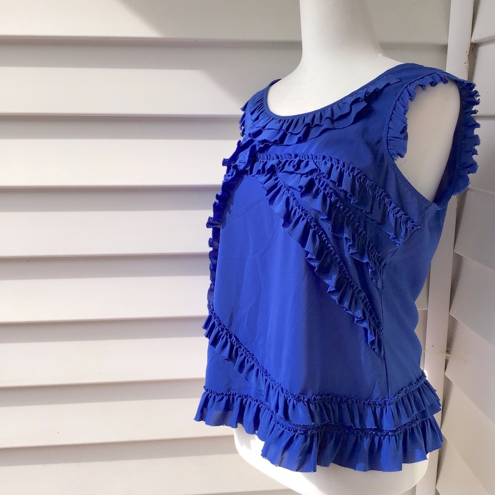 JW Petite Tank Top Sz PS Dressy Blue Ruffles Sleeveless Business Casual Career